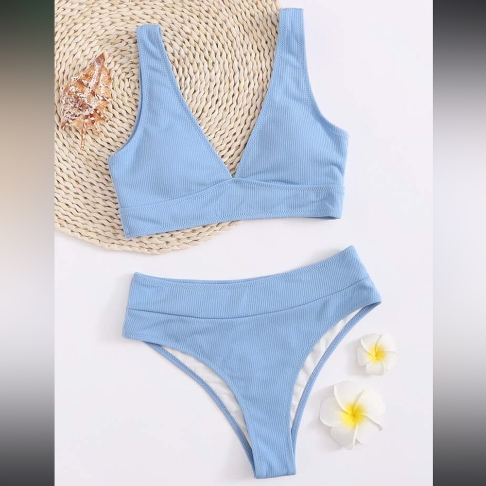 Shein Sky Blue Rib High Waisted Bikini Swimsuit Small